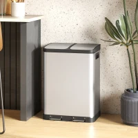 HOMCOM Kitchen Garbage Bin, 2 x 7.9 Gal (2 x 30 L) Trash Can, Soft-Close Garbage Can with Removable Inner Buckets, Silver(m-8)
