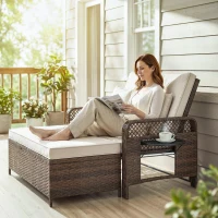 Outsunny 2 Pieces Patio Lounge Chair Set with Cushions, PE Wicker Outdoor Chaise Lounge with Adjustable Backrest, Side Trays(m-8)