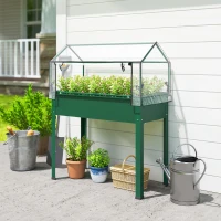 Outsunny Elevated Garden Box with Greenhouse Cover, Raised Garden Bed with Legs and Drainage Hole for Vegetables, Green(m-2)