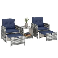 Outsunny 5 Piece Patio Furniture Set, Wicker Patio Chairs with Ottomans, 2-Tier Glass Coffee Table and Cushions, Grey/Dark Blue(m-11)