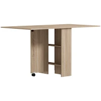 HOMCOM Extendable Dining Table, Collapsible Folding Table w/ 2-tier Shelves and Rolling Casters, Nature Wood(m-2)