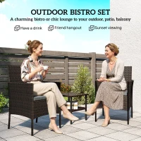 Outsunny Wicker Bistro Set, 3 Piece Patio Furniture Set with 2-Tier Glass Top Table, Cushions for Balcony, Porch, Dark Grey(m-4)