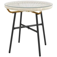 Outsunny Rattan Side Table, Round Outdoor Table, with Round PE Rattan and Tempered Glass Table Top for Patio, Garden, Cream White(m-2)