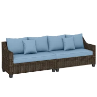 Outsunny PE Wicker Outdoor Couch Sofa, 4-Seater Modular Patio Furniture Lounge Set with 2 Loveseats, Cushions, Pillows, Blue(m-11)