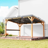 Outsunny 10' x 14' Wooden Gazebo, Hardtop Lean-to Gazebo Pergola with Galvanized Steel Sloped Roof, Bar Shelf, Natural Wood(m-3)