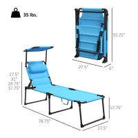 Outsunny 2 Pcs Outdoor Lounge Chair, 4 Position Adjustable Backrest, Folding, Cushioned w/ Sun Shade Roof & Pillow, Blue(m-3)