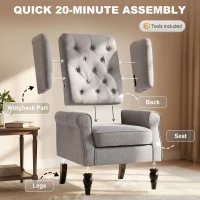 HOMCOM Fabric Accent Chair, Button Tufted Armchair, Upholstered Modern Living Room Chair, Wingback Chair with Wood Legs, Rolled Arms, Thick Padding for Bedroom, Grey(m-7)