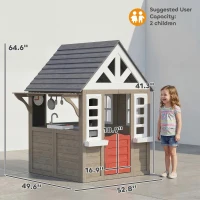 Qaba Outdoor Playhouse, Wooden Kids Playhouse with Dog Door, Flower Box, Cookware & Window for Garden Ages 2+, Gray(m-3)