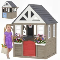 Qaba Outdoor Playhouse, Wooden Kids Playhouse with Dog Door, Flower Box, Cookware & Window for Garden Ages 2+, Gray(m-1)