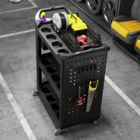 HOMCOM 3-Tier Rolling Tool Cart, 200 LBS Capacity Plastic Utility Cart with Side Shelf and Storage Bucket, Black(m-9)