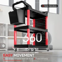 HOMCOM 3-Tier Rolling Tool Cart, 200 LBS Capacity Plastic Utility Cart with Side Shelf and Storage Bucket, Black & Red(m-5)