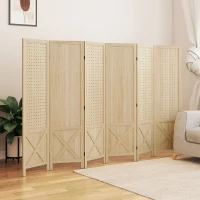 HOMCOM Wooden Room Divider with Pegboard Display, 6 Panel Folding Privacy Screen for Home Office, Natural Wood(m-7)