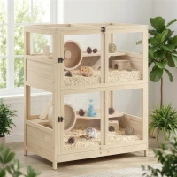 PawHut Wooden Hamster Cage, 4 Tier Small Animal Cage with Mesh Flip Roof, Pull-Out Tray, Huts, Seesaws, Ramps and Water Bottles(m-10)