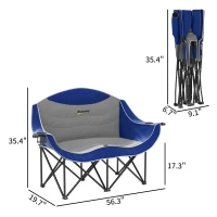 Outsunny Padded Folding Camp Chair for Adults, Double Camping Chair with Armrests, Cup Holders, Carry Bag for Outdoor, Blue(m-3)