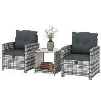 Outsunny 5 Piece Patio Furniture Set, Wicker Patio Chairs with Ottomans, 2-Tier Glass Coffee Table and Cushions, Grey/Dark Grey(m-2)