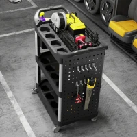 HOMCOM 3-Tier Rolling Tool Cart, 200 LBS Capacity Plastic Utility Cart with Side Shelf and Bucket, Black and Light Gray(m-9)