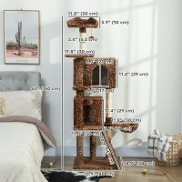 PawHut 63 Inch Cat Tree with Sisal Scratching Posts, Condos, Plush Perches, Hammock, Ladder, Dangling Balls, Leopard Print(m-3)