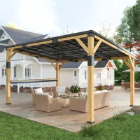 Outsunny 10' x 14' Wooden Gazebo, Hardtop Lean-to Gazebo Pergola with Galvanized Steel Sloped Roof, Bar Shelf, Natural Wood(m-10)