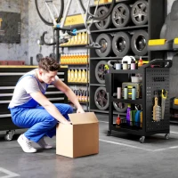 HOMCOM 3-Tier Rolling Tool Cart, 200 LBS Capacity Plastic Utility Cart with Side Shelf and Storage Bucket, Black(m-8)