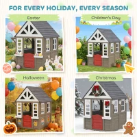 Qaba Outdoor Playhouse, Wooden Kids Playhouse with Dog Door, Flower Box, Cookware & Window for Garden Ages 2+, Gray(m-9)