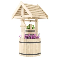 Outsunny Wood Wishing Well Outdoor Wooden Planter with Hanging Bucket and Drainage Hole for Garden, Patio, Backyard, Natural(m-11)