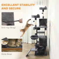 PawHut 76" Large Cat Tree for Indoor Cats with 8 Scratching Posts, 3 Plush Beds, 2 Hammocks, 2 Large Condos, Ramp, Dark Grey(m-6)