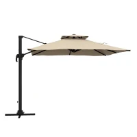Outsunny 10ft Square Cantilever Patio Umbrella, 360° Rotating Overhanging Umbrella with Cross Base, Crank Handle, Khaki(m-11)