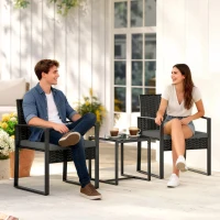 Outsunny Outdoor Bistro Set, 3 Piece Wicker Patio Furniture Set with Glass Top Table and Cushions for Porch, Balcony, Dark Grey(m-1)