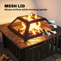 Outsunny 26" Outdoor Fire Pit with Fire Poker, Steel Square Wood Burning Firepit with Mesh Lid, Firepits, Black(m-6)