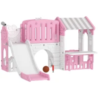 Qaba 7-in-1 Toddler Slide, Kids Slide Climber Playset with Playhouse and Basketball Hoop for 1-4 Years, Pink(m-11)