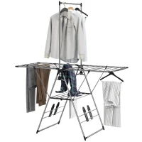HOMCOM Clothes Drying Rack, Foldable Stainless Steel Laundry Drying Rack with Adjustable Gullwings and Shoe Holders, Silver(m-2)