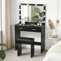 HOMCOM Makeup Vanity Desk Set with Stool, Dressing Table with LED Lighting Mirror, Drawers, for Bedroom, Black(m-4)