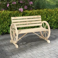Outsunny 42" Wood Wagon Wheel Bench Garden Loveseat Rustic Seat, Natural Wood(m-1)