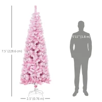 HOMCOM 7.5 FT Snow Flocked Artificial Christmas Tree, Pencil Xmas Tree with Realistic Branches, Auto Open and Steel Base, Pink(m-3)