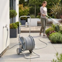 Outsunny Hose Reel Cart with Wheels, 1/2" x 148ft Garden Hose Reel with 2 Patterns Nozzle, Faucet Adaptors, Rewind Handle, Grey(m-1)