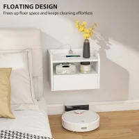HOMCOM Wall Mounted Bedside Table, Set of 2 Floating Nightstand with Charging Station, Drawer and Open Shelf for Bedroom, White(m-6)