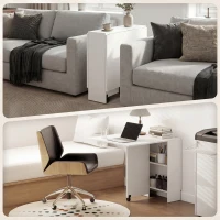 HOMCOM Extendable Dining Table, Collapsible Folding Table w/ 2-tier Shelves and Rolling Casters, White(m-10)