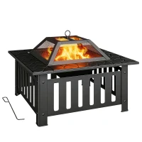 Outsunny 26" Outdoor Fire Pit with Fire Poker, Steel Square Wood Burning Firepit with Mesh Lid, Firepits, Black(m-11)