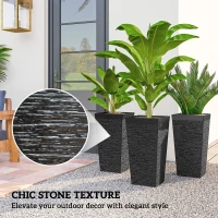 Outsunny 22.8 Inch Set of 3 Outdoor Planters with Stone Finish and Wheels, Stackable Tapered Planters with Drainage Hole, Black(m-5)