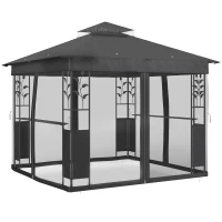 Outsunny 10' x 10' Outdoor Gazebo with Shelves and Netting, UV30+ Double Roof Patio Gazebo for Lawn, Backyard and Deck(m-11)