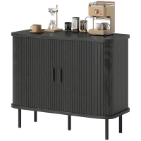 HOMCOM 35.4" Sideboard Buffet Cabinet with Storage, Nordic Coffee Bar Cabinet with Slatted Tambour Doors and Metal Legs, Black(m-2)