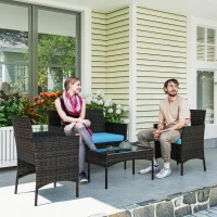 Outsunny 4 Pieces Wicker Outdoor Balcony Furniture Set Rattan Patio Furniture Set with Loveseat Chairs Glass Coffee Table Turquoise(m-8)