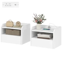 HOMCOM Wall Mounted Bedside Table, Set of 2 Floating Nightstand with Charging Station, Drawer and Open Shelf for Bedroom, White(m-2)