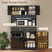 HOMCOM 68" Pantry Cabinet with Charging Station, Storage Cabinet with Microwave Stand, 10 Gallon Trash Can Cabinet, Black(m-4)
