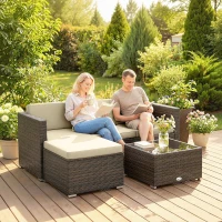 Outsunny 3 Pieces Patio Furniture Set with Cushions, Outdoor PE Rattan Wicker Conversation Corner Sofa Set, Khaki(m-10)