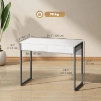 HOMCOM High Gloss Home Office Desk, 39" x 20" Computer Desk with 2 Drawers for Small Spaces, White and Grey(m-3)