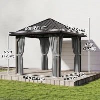 Outsunny 10' x 10' Hardtop Gazebo with Galvanized Steel Roof, Permanent Garden Gazebo with Netting and Curtains(m-3)