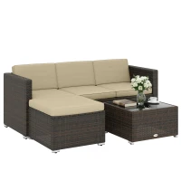 Outsunny 3 Pieces Patio Furniture Set with Cushions, Outdoor PE Rattan Wicker Conversation Corner Sofa Set, Khaki(m-11)