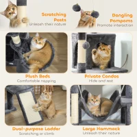 PawHut 76" Large Cat Tree for Indoor Cats with 8 Scratching Posts, 3 Plush Beds, 2 Hammocks, 2 Large Condos, Ramp, Dark Grey(m-5)