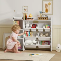 Qaba Kids Bookshelf and Toy Storage Organizer, Children Bookcase with 8 Removable Bins, Cabinet for Playroom, Kids Room, Nursery, White(m-1)